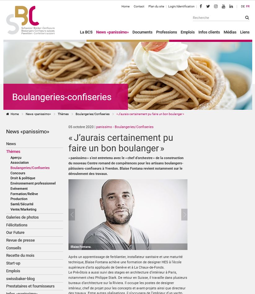 Interview de Blaise Fontana dans la revue des boulangers confiseurs suisses SBC Panissimo